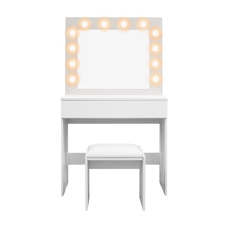 Glow Litet sminkbord 80 cm med spegel lådor och pall -  LED Belysning - Vit - Möbler - Bord & matgrupp - Sminkbord & toalettbord