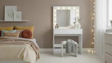 Glow Litet sminkbord 80 cm med spegel lådor och pall -  LED Belysning - Vit - Möbler - Bord & matgrupp - Sminkbord & toalettbord