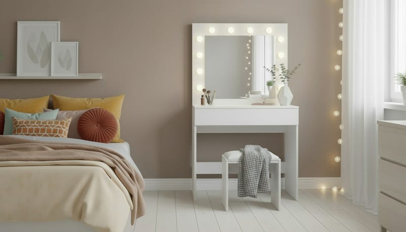 Glow Litet sminkbord 80 cm med spegel lådor och pall -  LED Belysning - Vit - Möbler - Bord & matgrupp - Sminkbord & toalettbord