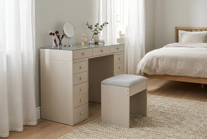 Glow Sminkbord 120 cm med glasskiva förvaring med lådor - Beige - Möbler - Bord & matgrupp - Sminkbord & toalettbord