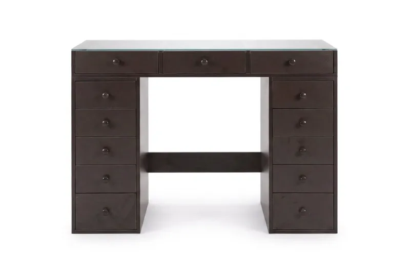 Glow Sminkbord 120 cm med glasskiva förvaring med lådor, Brun
