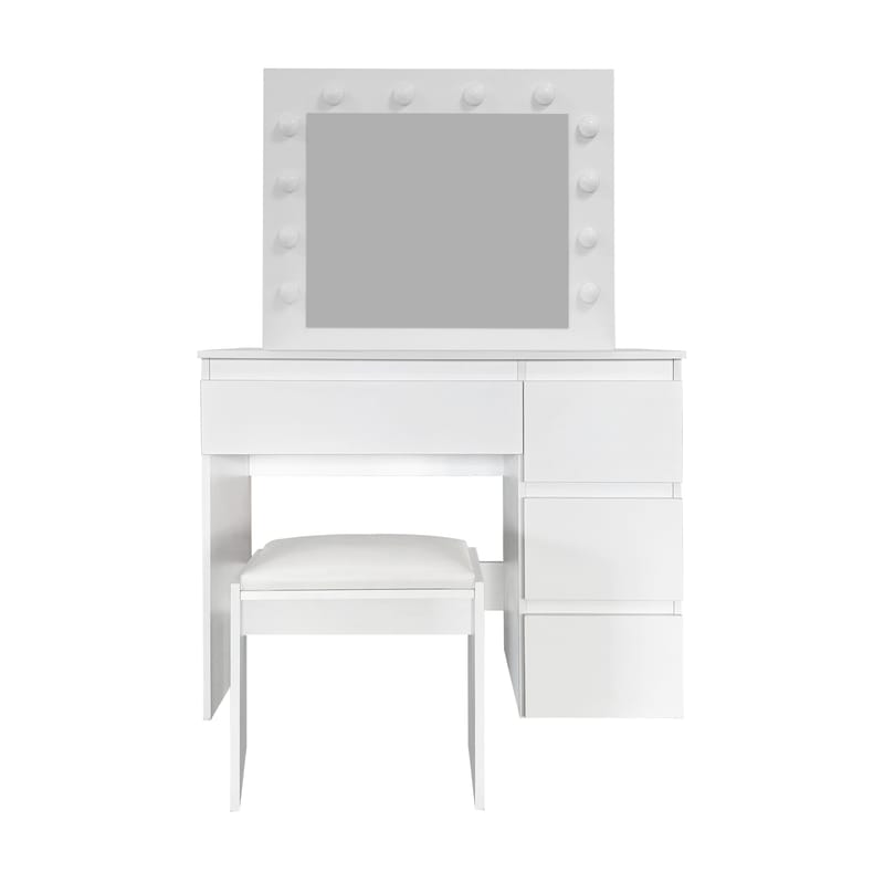 Glow Sminkbord 94 cm med spegel lådor och pall - LED Belysning, Vit