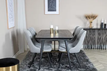 Gold Matbord 180 cm Förlängningsbart med 6 Velvet Deluxe Sammetstol - Ljusgrå, Svart - Möbler - Bord & matgrupp - Matgrupp