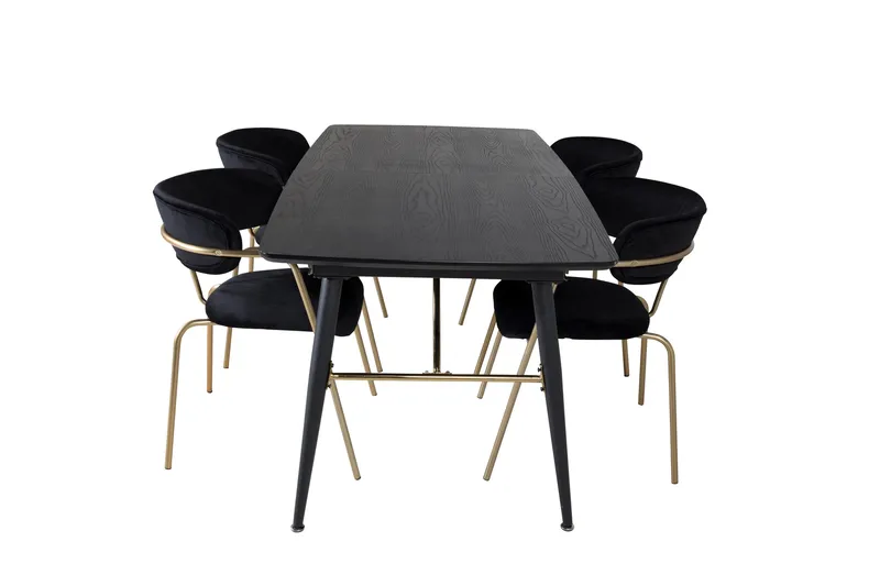 Gold Matgrupp Förlängningsbar 180-220 cm Rektangulär med 4 Arrow stolar, Svart/Guld