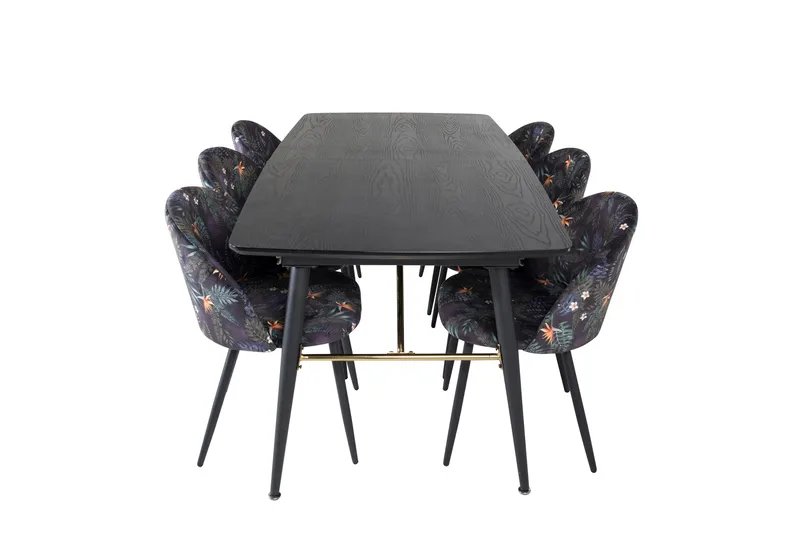 Gold Matgrupp Förlängningsbar 180-220 cm Rektangulär med 6 Velvet stolar, Svart/Guld