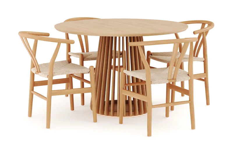 Gontas Matgrupp 120 cm Rund Ek med 4 Dastoori Matstol, Natur
