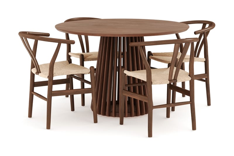 Gontas Matgrupp 120 cm Rund med 4 Dastoori Matstol, Valnöt