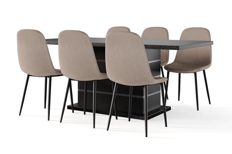 Griffith Förlängningsbart Matbord 180/220 cm Svart +  6 st Naira stol brun med svarta ben, Svart/Brun