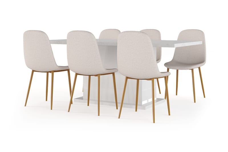 Griffith Matbord 180 cm Förlängningsbart med illäggsskiva +  6 st Naira stol beige med ek ben, Vit/Beige