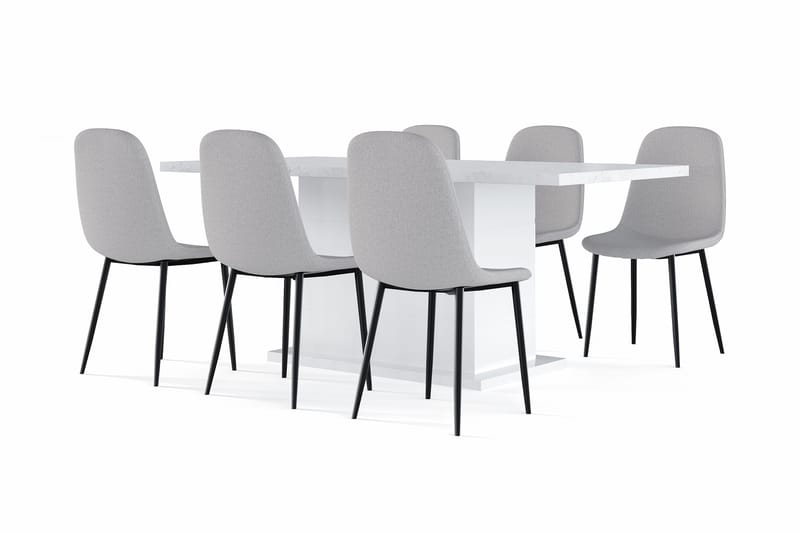 Griffith Matbord 180 cm Förlängningsbart med illäggsskiva +  6 st Naira stol grå med svarta ben, Vit/Grå
