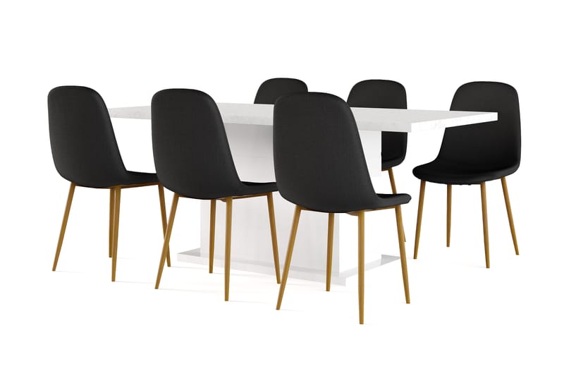 Griffith Matbord 180 cm Förlängningsbart med illäggsskiva +  6 st Naira stol svart med ek ben, Vit/Svart