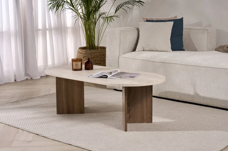 Hasina Ovalt Soffbord 119x60 cm med Travertin- och Valnötsutseende - Beige - Möbler - Bord & matgrupp - Soffbord
