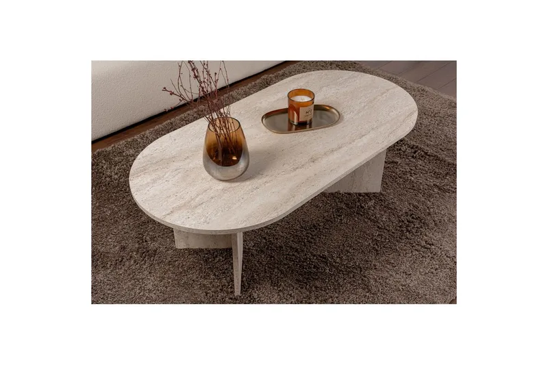 Hasina Ovalt Soffbord 119x60 cm med Travertinutseende - Vit - Möbler - Bord & matgrupp - Soffbord