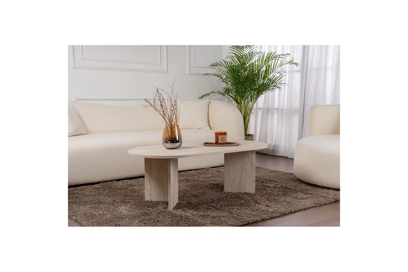 Hasina Ovalt Soffbord 119x60 cm med Travertinutseende - Vit - Möbler - Bord & matgrupp - Soffbord