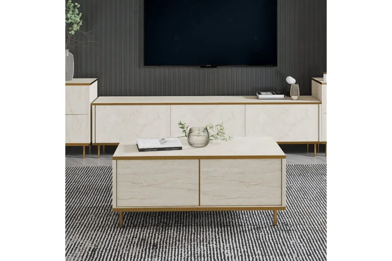 Imaj Soffbord 90 cm Rektangulärt med Lådor i Målat Trä - Beige - Möbler - Bord & matgrupp - Soffbord