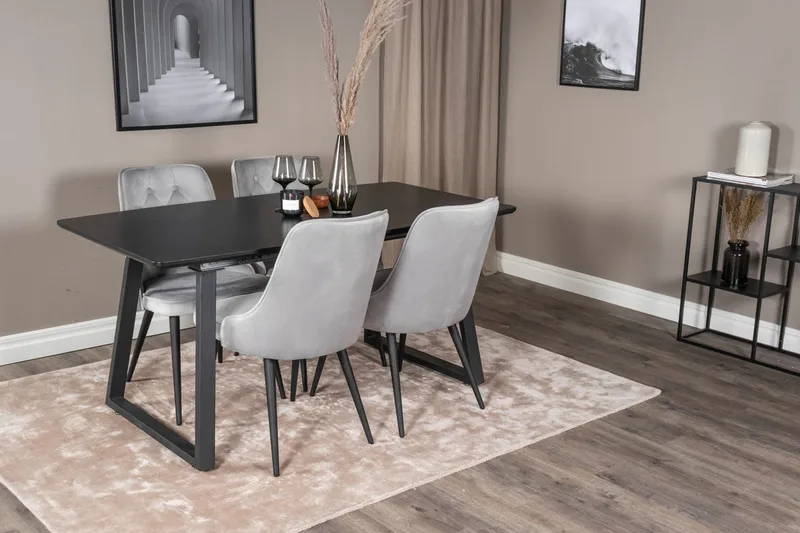Inca Matgrupp Förlängningsbar 160 cm Rektangulär med 4 Velvet Deluxe stolar, Svart/Ljusgrå