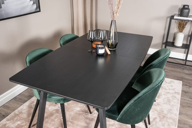Inca Matgrupp Förlängningsbar 160 cm Rektangulär med 4 Velvet stolar - Svart/Grön - Möbler - Bord & matgrupp - Matgrupp