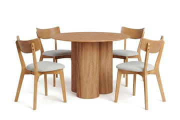 Juno Matgrupp 110 cm runt i Ek med 4 Amelia Matstolar med Dyna - Ek/Beige - Möbler - Bord & matgrupp - Matgrupp