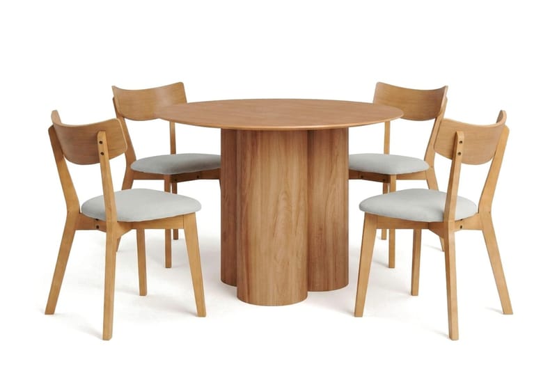 Juno Matgrupp 110 cm runt i Ek med 4 Amelia Matstolar med Dyna - Ek/Beige - Möbler - Bord & matgrupp - Matgrupp