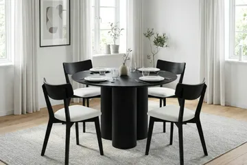 Juno Matgrupp 110 cm runt i Svart med 4 Amelia Matstolar med Dyna - Svart/Beige - Möbler - Bord & matgrupp - Matgrupp