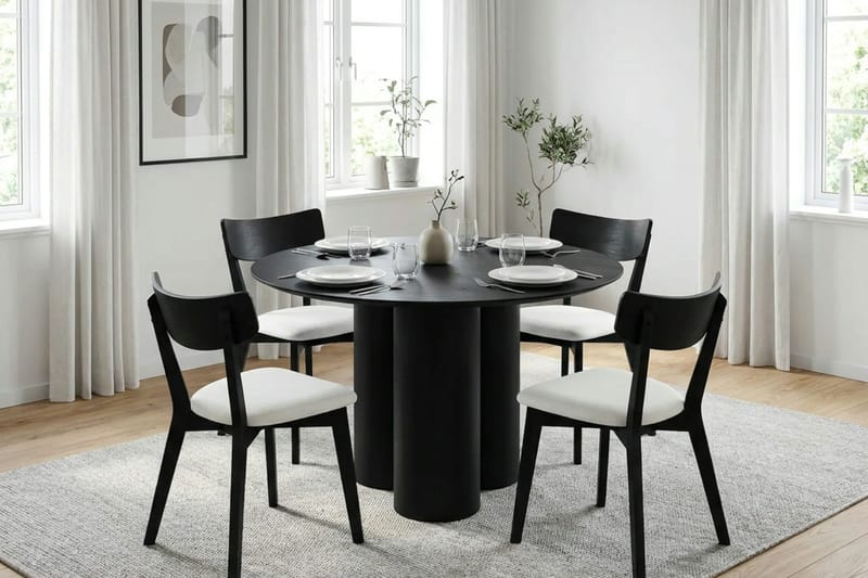 Juno Matgrupp 110 cm runt i Svart med 4 Amelia Matstolar med Dyna - Svart/Beige - Möbler - Bord & matgrupp - Matgrupp