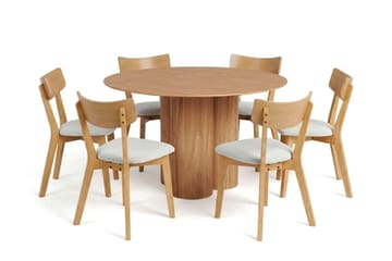 Juno Matgrupp 130 cm runt i Ek med 6 Amelia Matstolar med Dyna - Ek/Beige - Möbler - Bord & matgrupp - Matgrupp