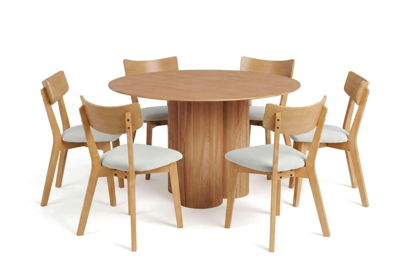 Juno Matgrupp 130 cm runt i Ek med 6 Amelia Matstolar med Dyna - Ek/Beige - Möbler - Bord & matgrupp - Matgrupp