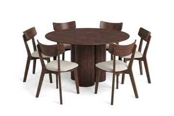 Juno Matgrupp 130 cm runt i Valnöt med 6 Amelia Matstolar med Dyna - Valnöt/Beige - Möbler - Bord & matgrupp - Matgrupp