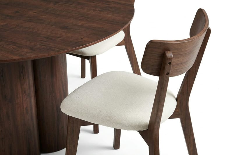 Juno Matgrupp 130 cm runt i Valnöt med 6 Amelia Matstolar med Dyna - Valnöt/Beige - Möbler - Bord & matgrupp - Matgrupp