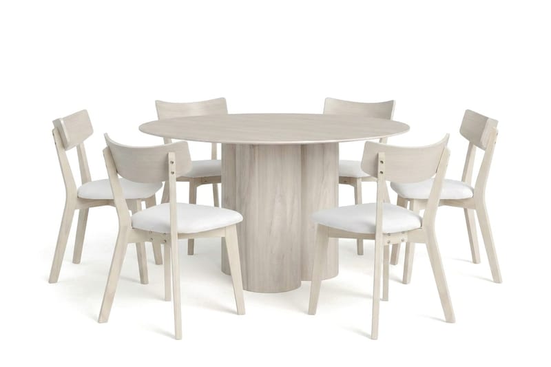 Juno Matgrupp 130 cm runt Vitlaserad med 6 Ameli Matstolar med Dyna, Vitlaserad/Beige