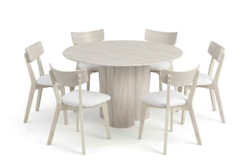 Juno Matgrupp 130 cm runt Vitlaserad med 6 Ameli Matstolar med Dyna - Vitlaserad/Beige - Möbler - Bord & matgrupp - Matgrupp