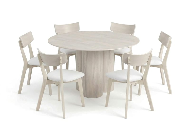 Juno Matgrupp 130 cm runt Vitlaserad med 6 Ameli Matstolar med Dyna - Vitlaserad/Beige - Möbler - Bord & matgrupp - Matgrupp