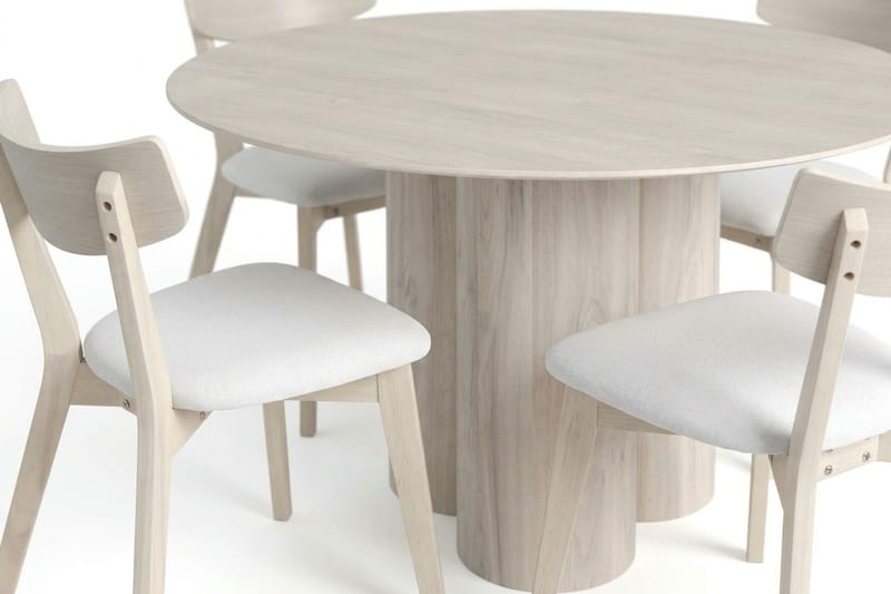 Juno Matgrupp 130 cm runt Vitlaserad med 6 Ameli Matstolar med Dyna - Vitlaserad/Beige - Möbler - Bord & matgrupp - Matgrupp