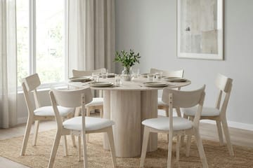 Juno Matgrupp 130 cm runt Vitlaserad med 6 Ameli Matstolar med Dyna - Vitlaserad/Beige - Möbler - Bord & matgrupp - Matgrupp