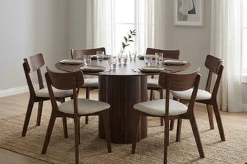Juno Matgrupp 150 cm runt i Valnöt med 6 Amelia Matstolar med Dyna - Valnöt/Beige - Möbler - Bord & matgrupp - Matgrupp
