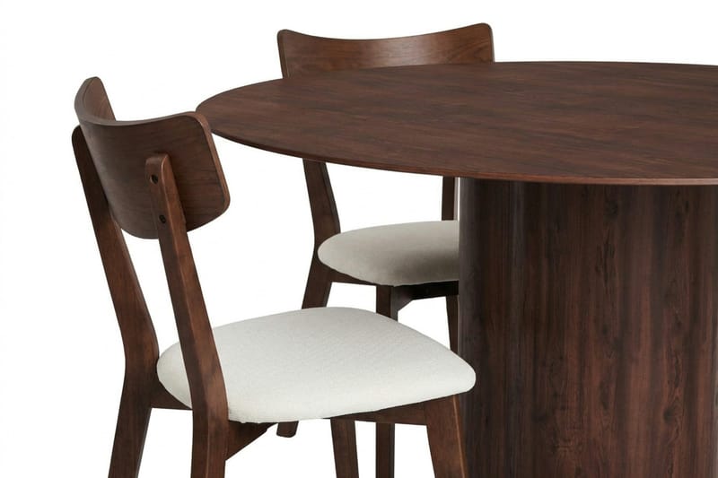 Juno Matgrupp 150 cm runt i Valnöt med 6 Amelia Matstolar med Dyna - Valnöt/Beige - Möbler - Bord & matgrupp - Matgrupp