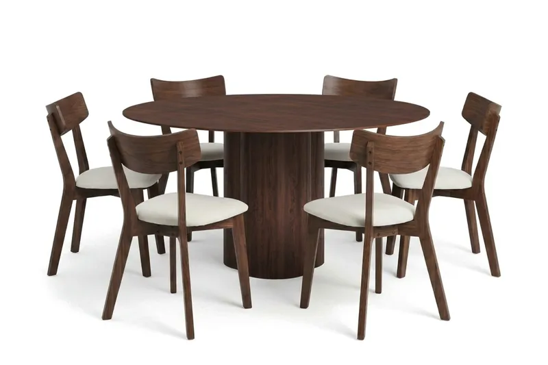 Juno Matgrupp 150 cm runt i Valnöt med 6 Amelia Matstolar med Dyna, Valnöt/Beige