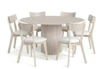 Juno Matgrupp 150 cm runt Vitlaserad med 6 Amelia Matstolar med Dyna - Vitlaserad/Beige - Möbler - Bord & matgrupp - Matgrupp