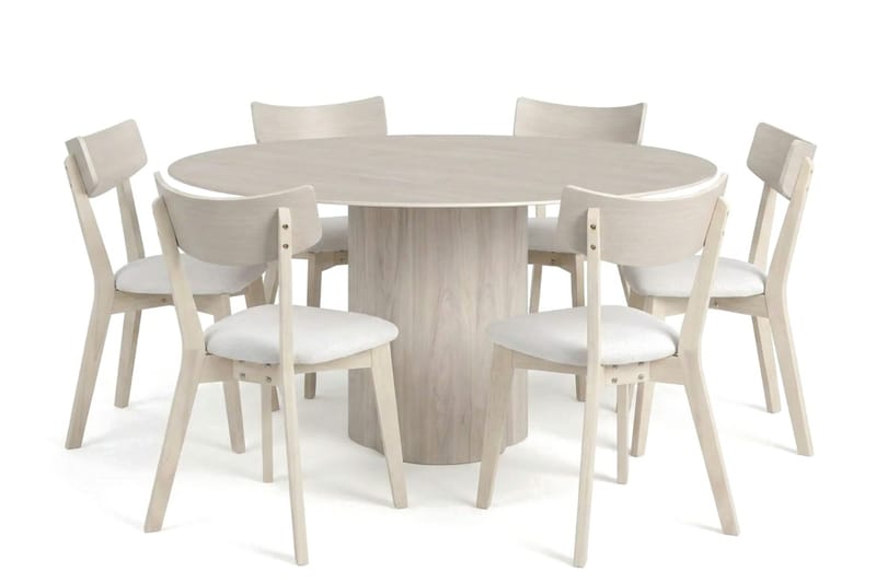 Juno Matgrupp 150 cm runt Vitlaserad med 6 Amelia Matstolar med Dyna - Vitlaserad/Beige - Möbler - Bord & matgrupp - Matgrupp