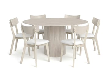 Juno Matgrupp 150 cm runt Vitlaserad med 6 Amelia Matstolar med Dyna - Vitlaserad/Beige - Möbler - Bord & matgrupp - Matgrupp