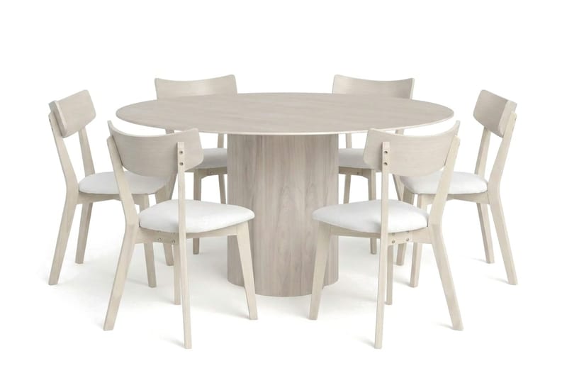 Juno Matgrupp 150 cm runt Vitlaserad med 6 Amelia Matstolar med Dyna, Vitlaserad/Beige