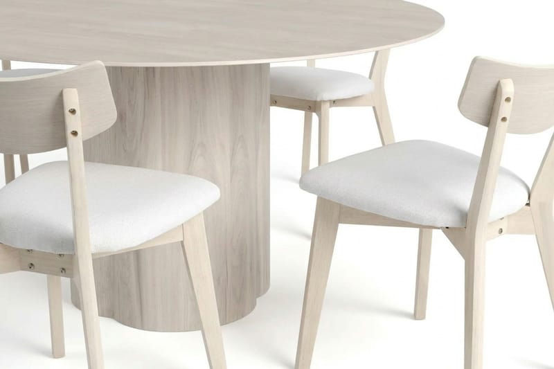 Juno Matgrupp 150 cm runt Vitlaserad med 6 Amelia Matstolar med Dyna - Vitlaserad/Beige - Möbler - Bord & matgrupp - Matgrupp