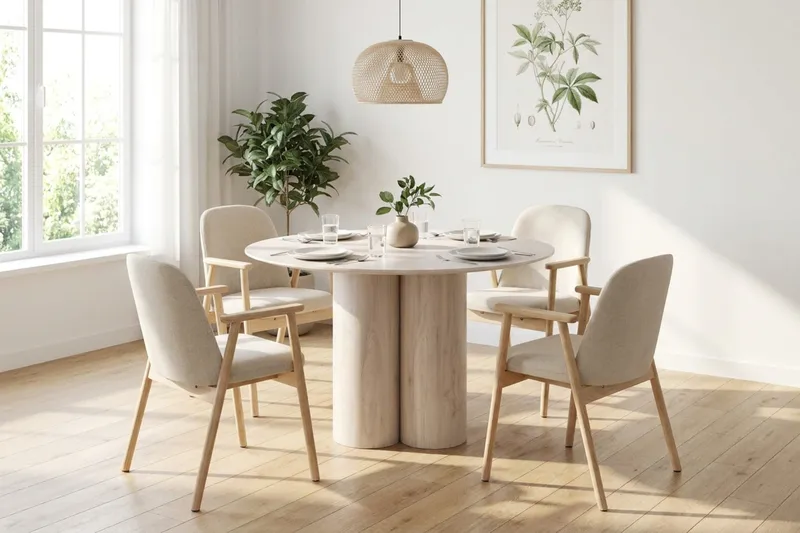 Juno Matgrupp runt 110 cm Vitlaserad med 4 Reciclar Matstolar - Vitlaserad ek - Möbler - Bord & matgrupp - Matgrupp
