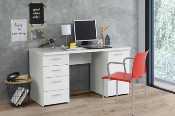 Bowlee Skrivbord 145 cm med Förvaring Skåp + 4 Lådor + Hylla - Vit - Möbler - Bord & matgrupp - Kontorsbord - Skrivbord