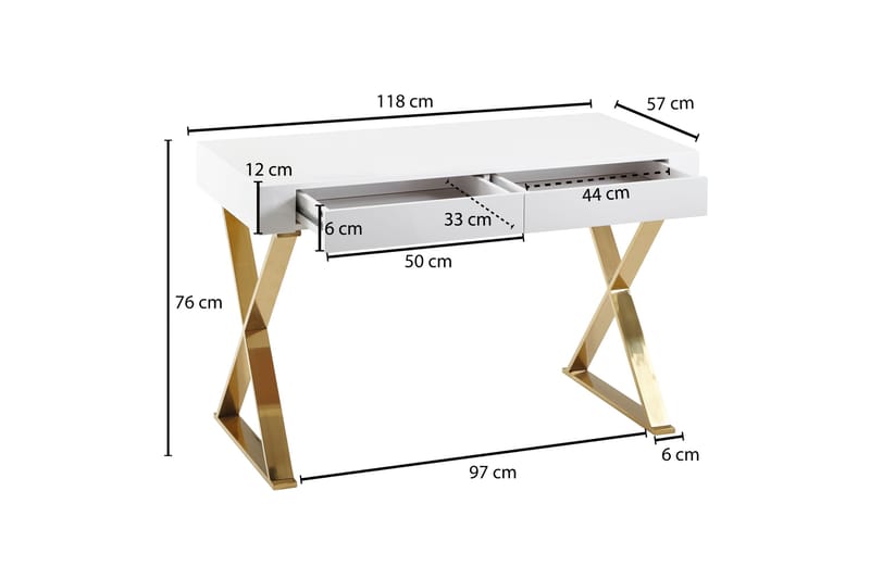 Skrivbord Clanton 118 cm med Förvaring 2 Lådor - Vit/Guld - Skrivbord - Datorbord