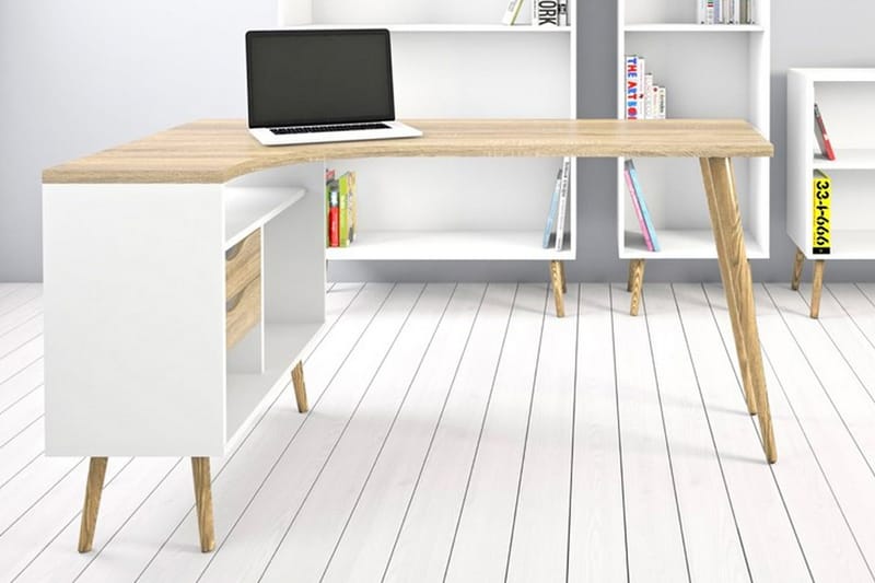 Delta Skrivbord 145 cm med Förvaring Lådor + Hyllor - Vit/Natur - Möbler - Bord & matgrupp - Kontorsbord - Skrivbord