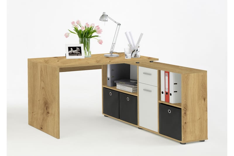 Hörnskrivbord Hitzman 136 cm Svängd med Förvaring - Brun/Vit - Hörnskrivbord