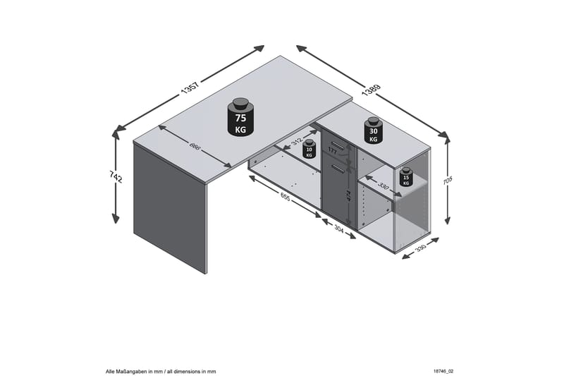 Hörnskrivbord Hitzman 136 cm Svängd med Förvaring - Brun/Vit - Hörnskrivbord