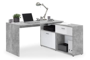 Hörnskrivbord Imani 138 cm med Justerbar Hylla - Vit|Betong - Möbler - Bord & matgrupp - Kontorsbord - Skrivbord - Hörnskrivbord