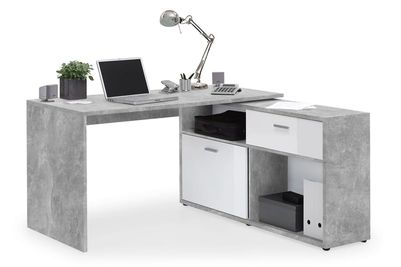 Hörnskrivbord Imani 138 cm med Justerbar Hylla - Vit|Betong - Möbler - Bord & matgrupp - Kontorsbord - Skrivbord - Hörnskrivbord